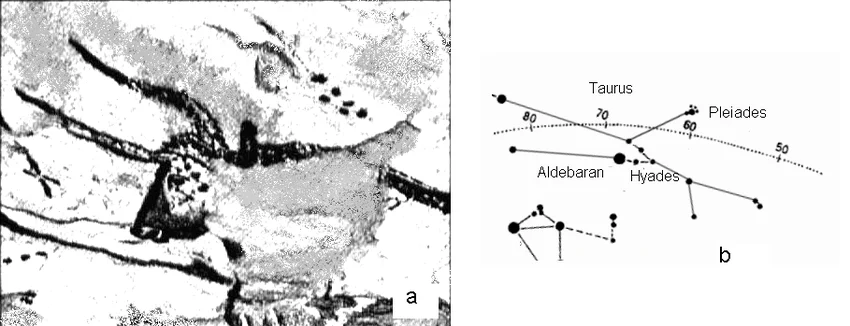 An aurochs on a wall of Lascaux cave (a) compared with the map of the sky (b), adapted from Ref.4.  